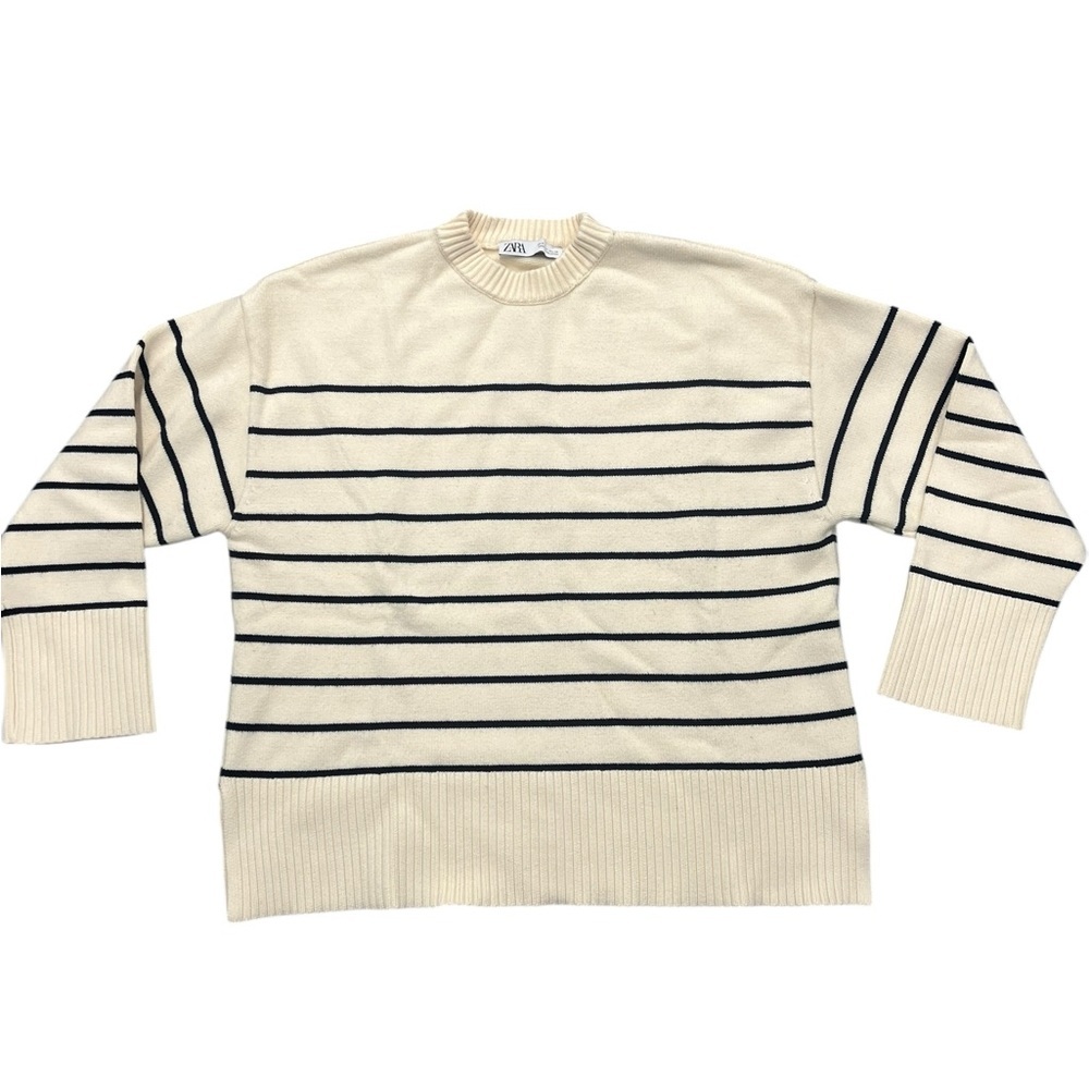 Zara Woman’s Cream and Black Striped Crewneck Sweater size Medium